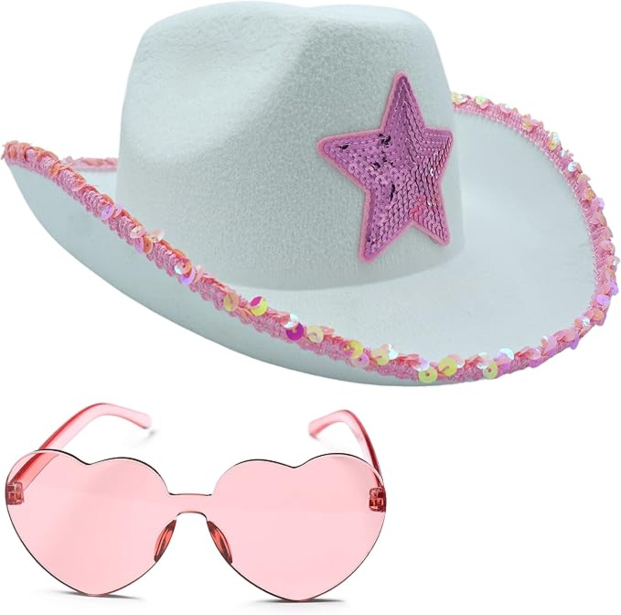 4E's Novelty White Cowgirl Hat with Pink Star, Brim Sequins and Light Pink Heart Sunglasses - Sparkly Cowgirl Hat Perfect Cowgirl Costume for Girls